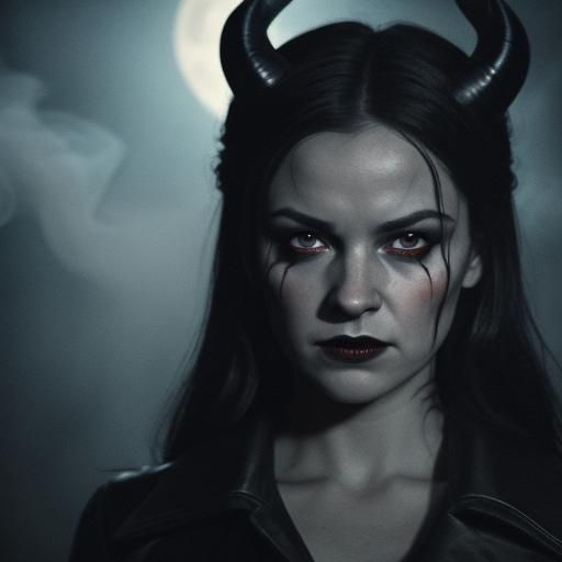 Devilish Woman with Twisted Horns and Bat Wings