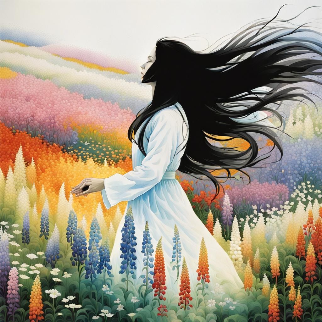 Luminescent Woman in Lupinus Field: Extradimensional Artwork