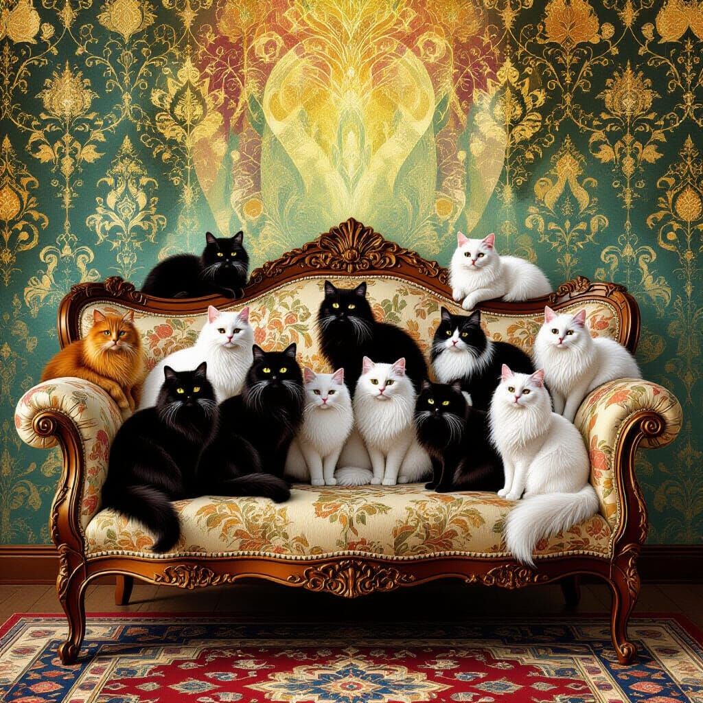 Elegant Cats on Antique Sofa in Klimt Style