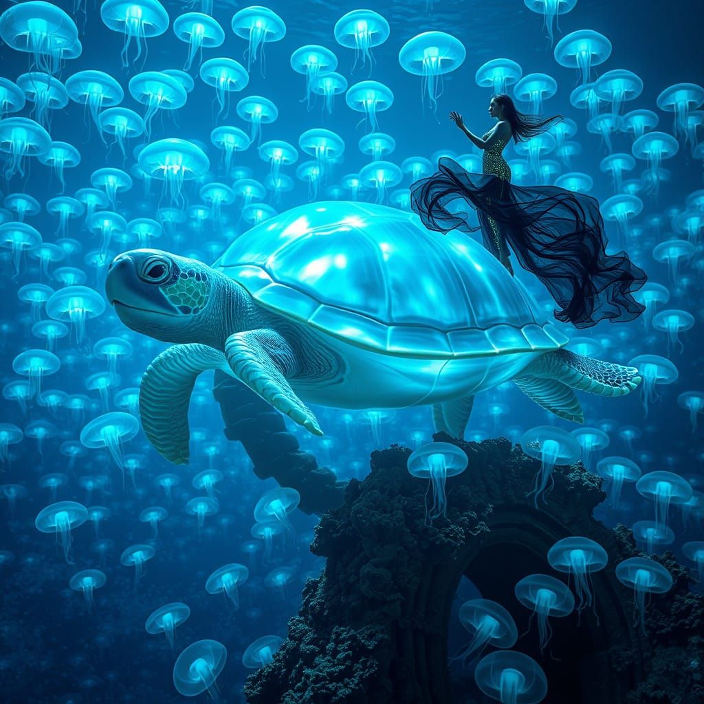 Glowing Alien Turtle Surrounded by Bioluminescent Jellyfish ...