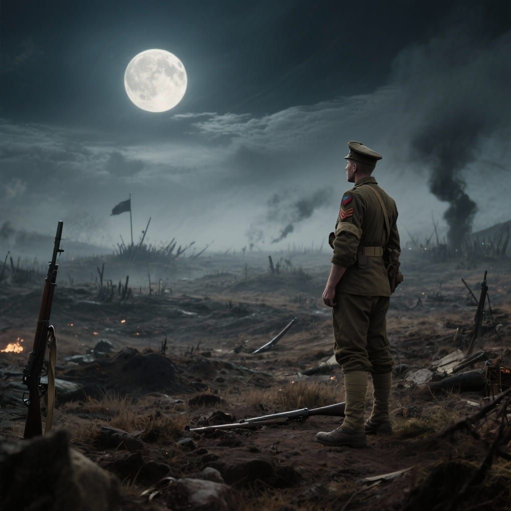 Private Ponders War's Futility on Moonlit Battlefield