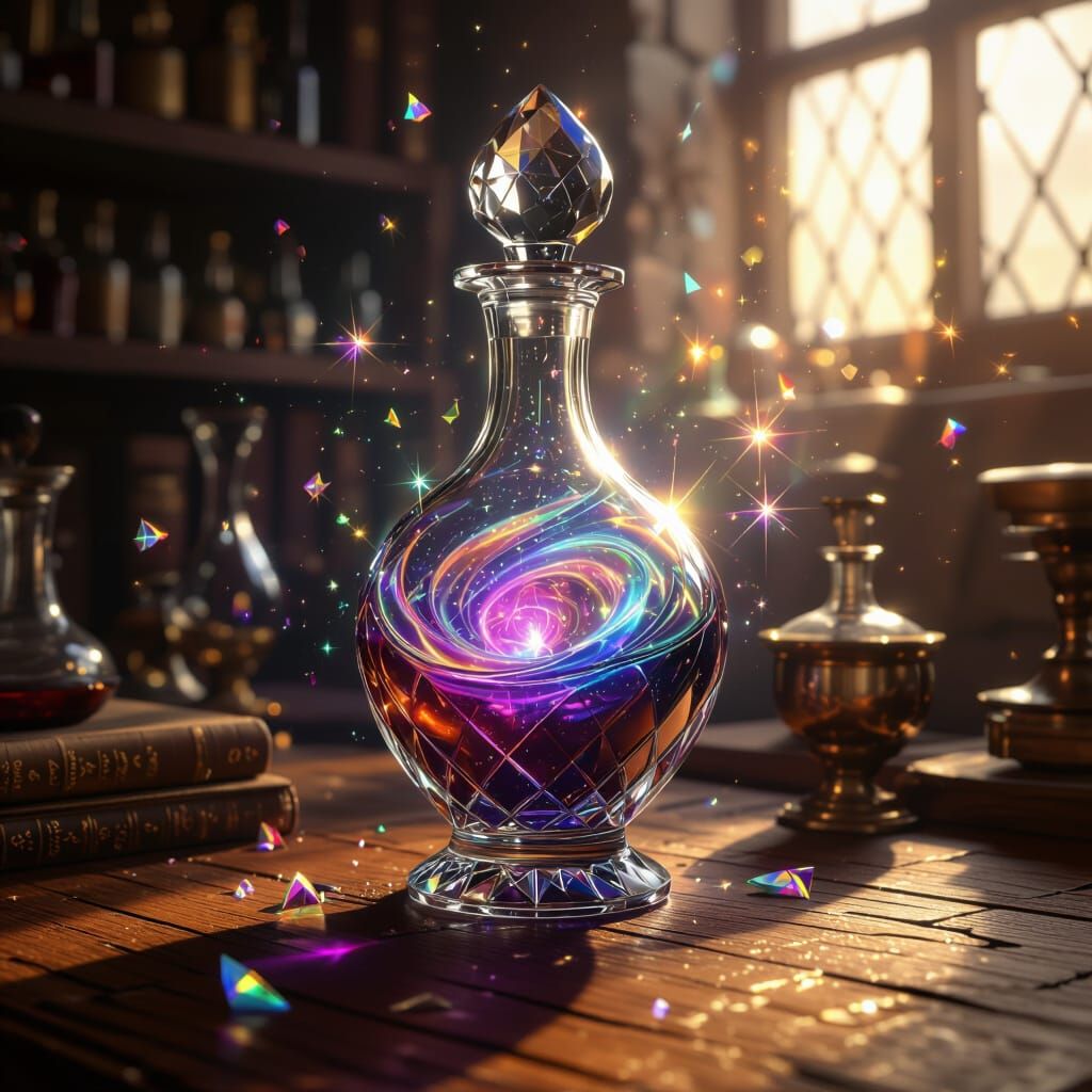 Sparkling Magical Potion in Cut-Glass Bottle on Wooden Table