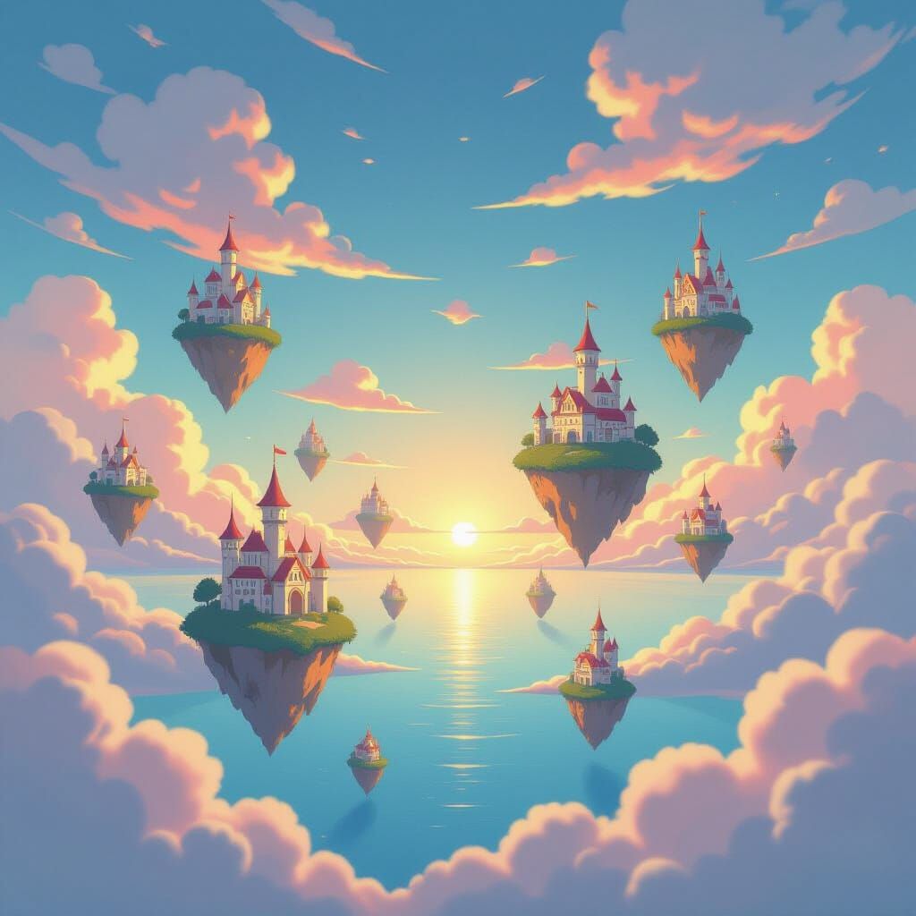 Dreamlike Sky with Floating Islands and Sheep Clouds