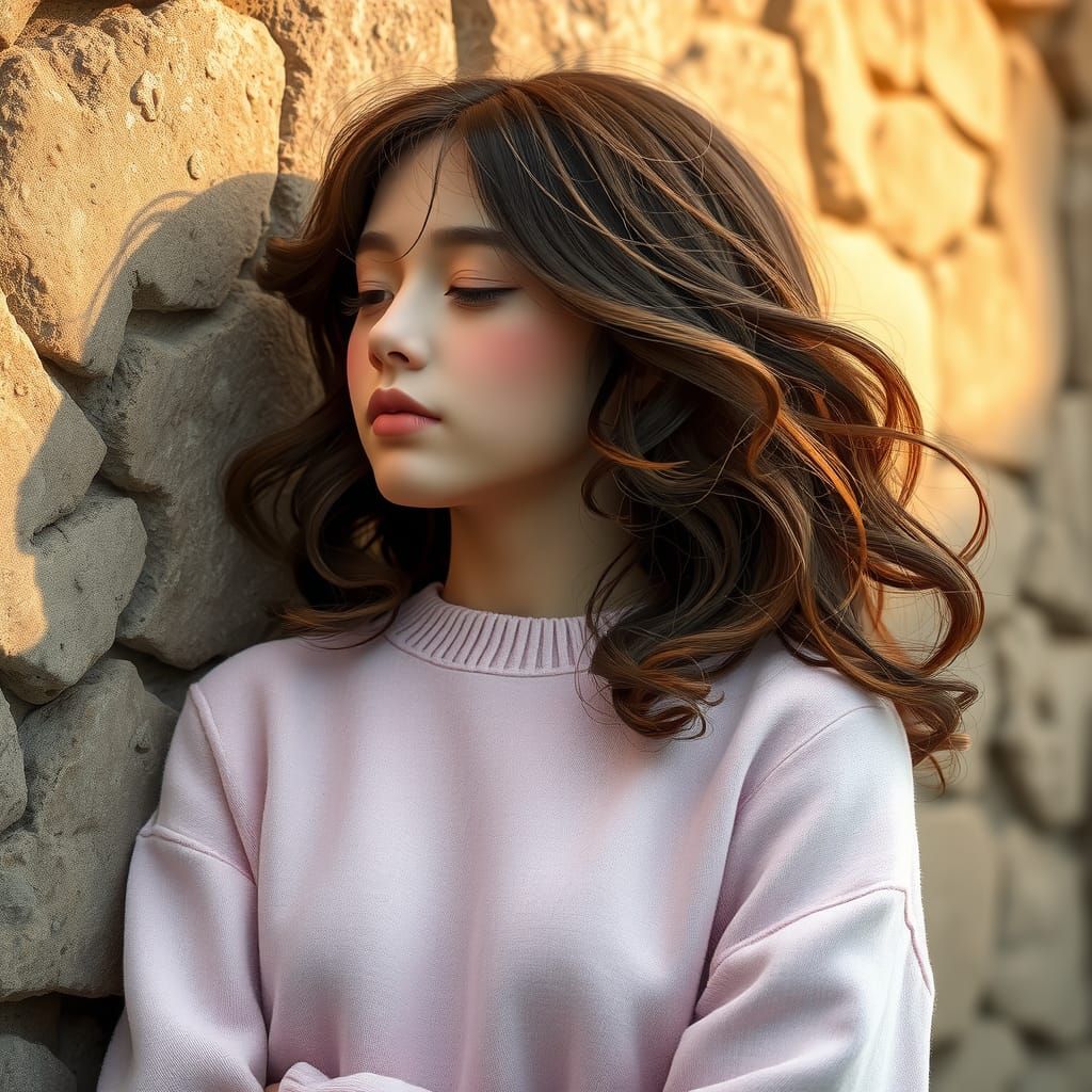 Girl in Pink Sweater by Stone Wall