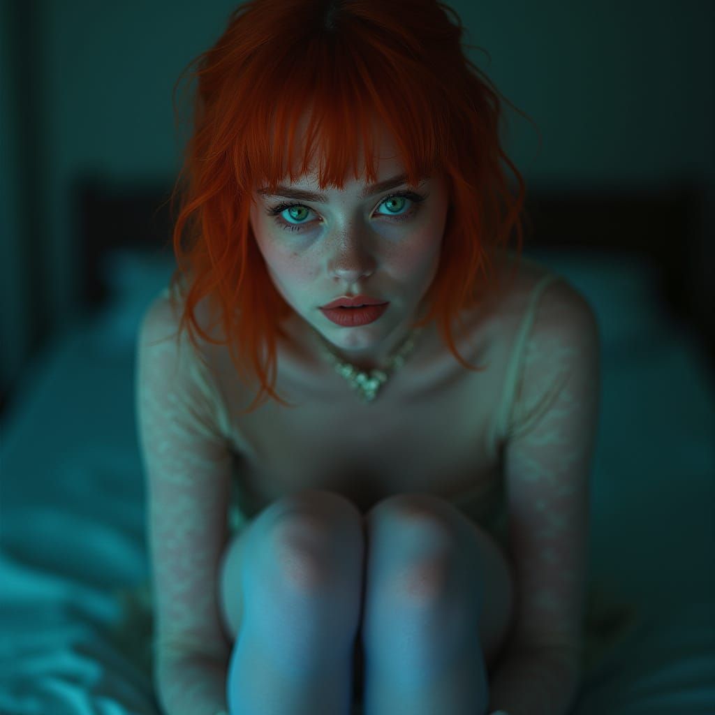 Ethereal Red-Haired Woman in Transparent Lace