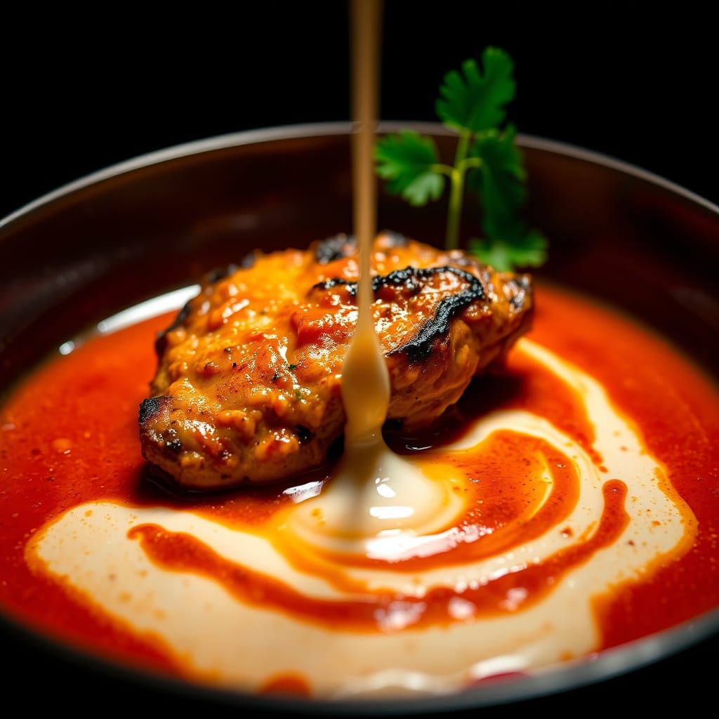 Sensual Close-Up of Chicken Tikka Masala in a Copper Kadai