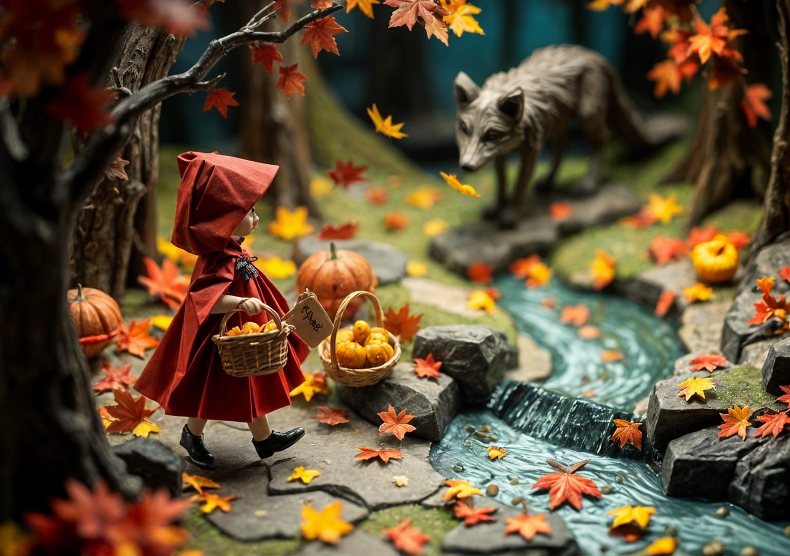 Origami Autumn Scene: Little Red Riding Hood