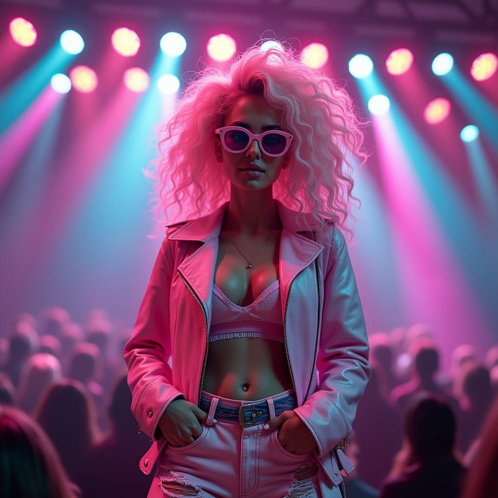 Stunning 80s Fashionista Rockstar in Futuristic Concert Back...