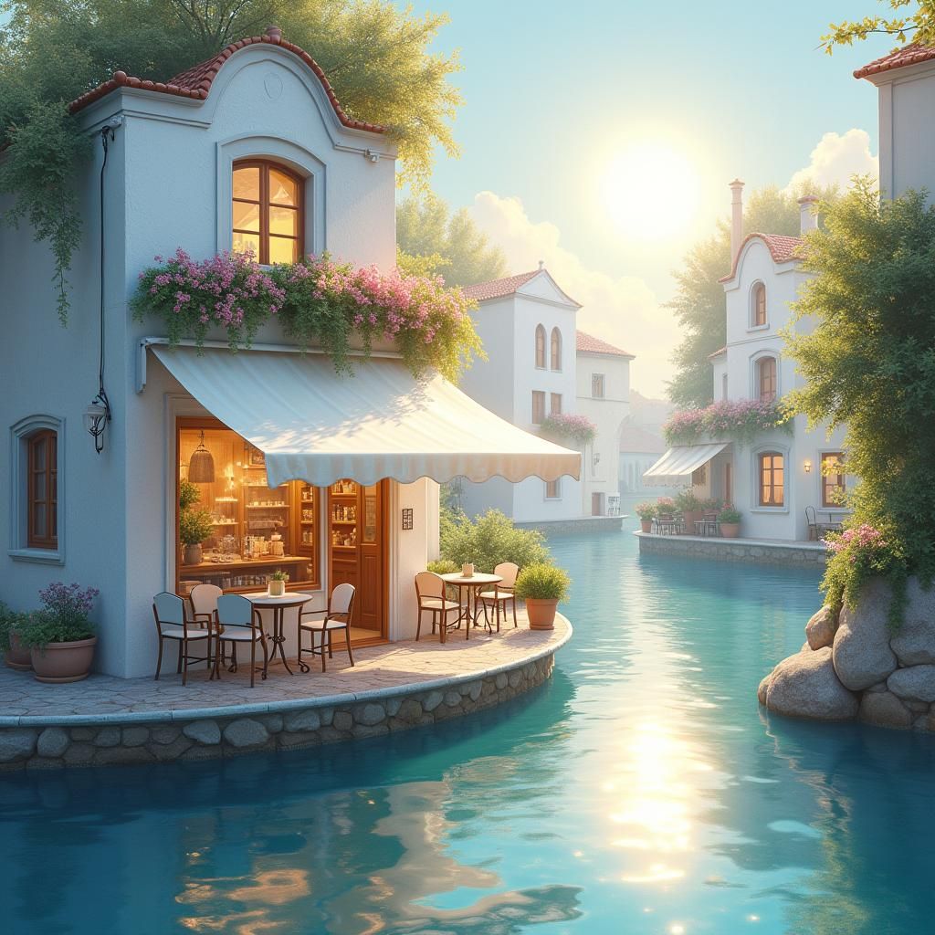 Dreamy Cafe Beside Canal as Watercolor Painting