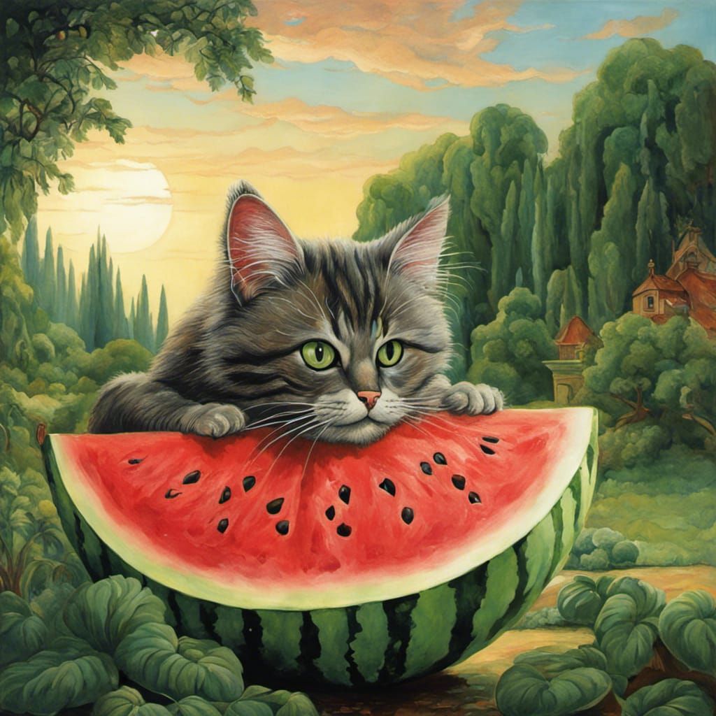 Fluffy Cat Enjoys Watermelon: A Surrealist Painting