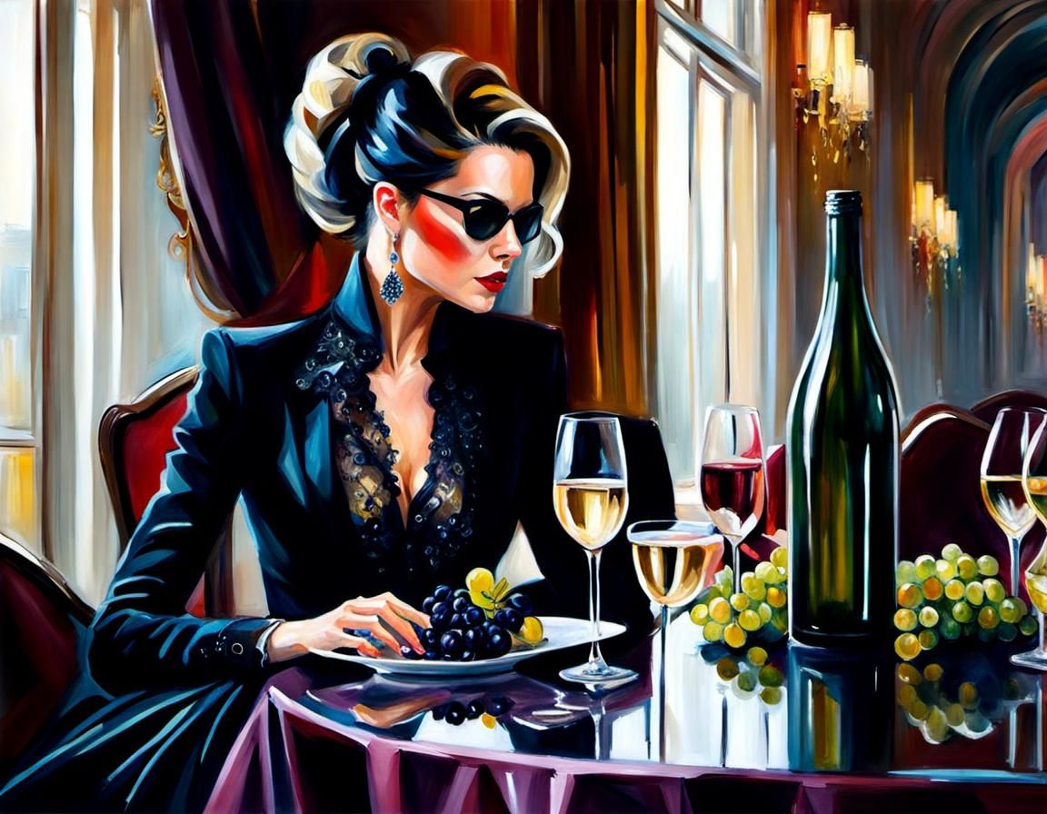 Goth Sommelier Offers Champagne in Oil Painting Style