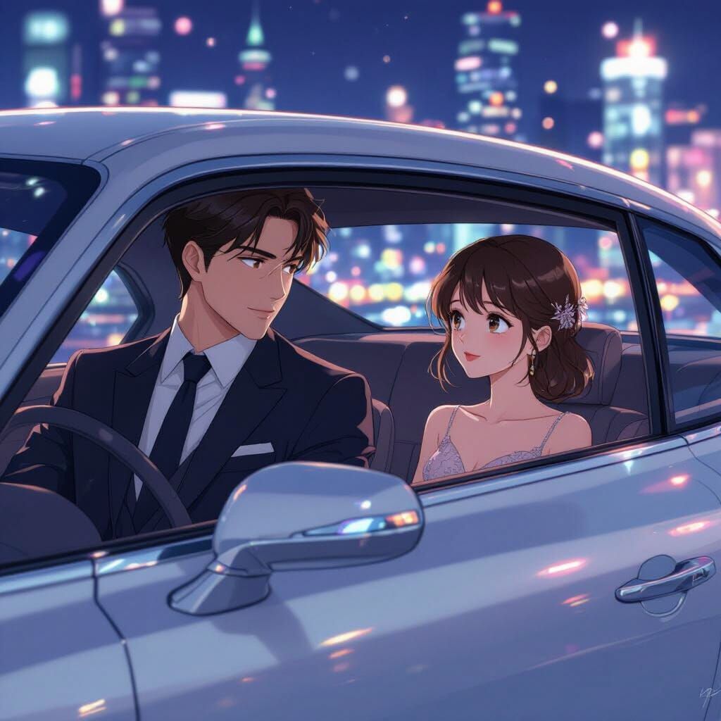 Night Drive: Anime-Inspired Car Scene in Pastel Hues