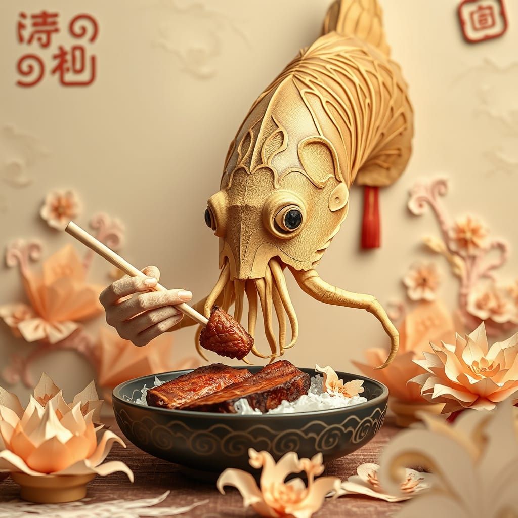 Majestic Sepia-Toned Cuttlefish in Whimsical Chinese Setting