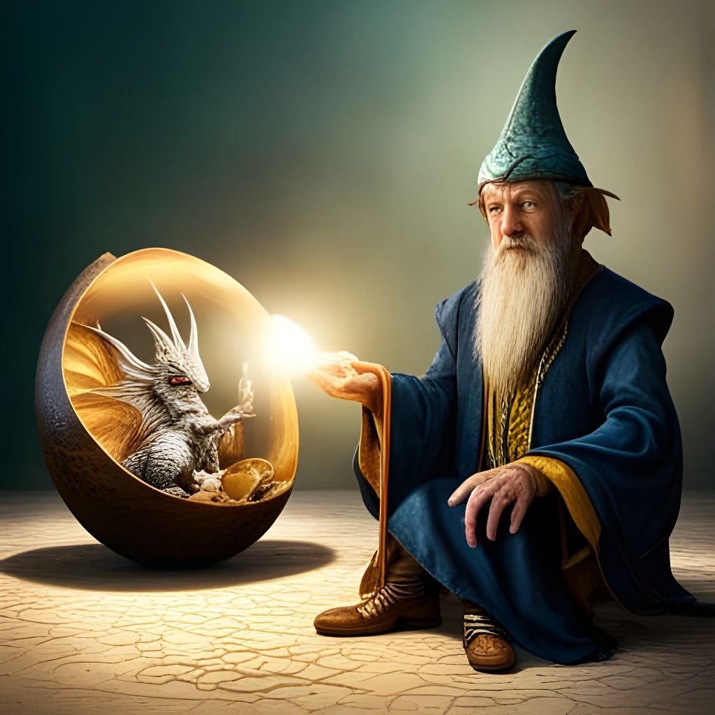 Wizard and Dragon Conversation in Golden Egg