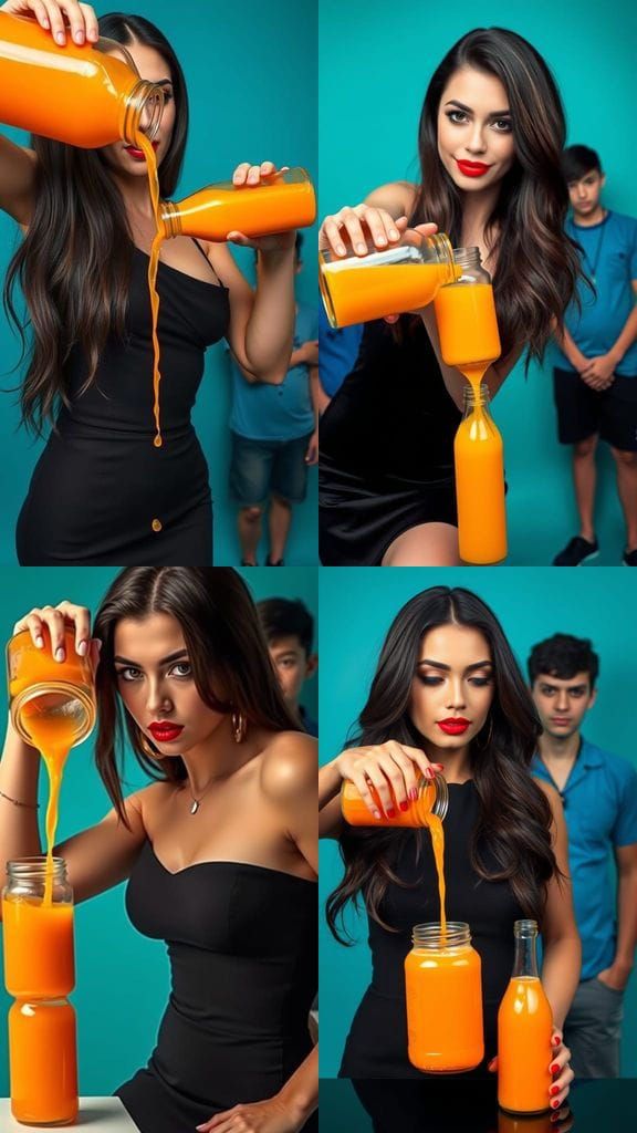 Woman Pouring Orange Juice on Teal Background