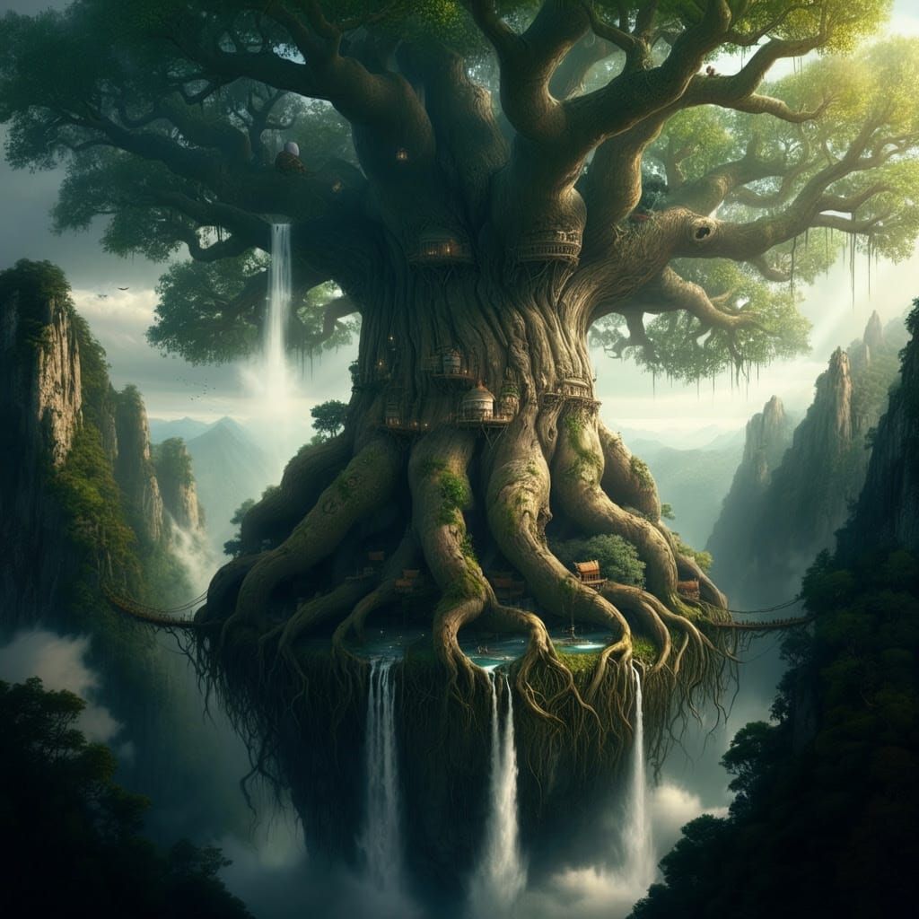 Colossal Ancient Tree Ecosystem in Oil Painting Style