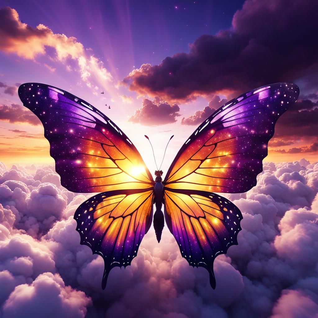 Mystical Butterfly with Galactic Wings at Sunset