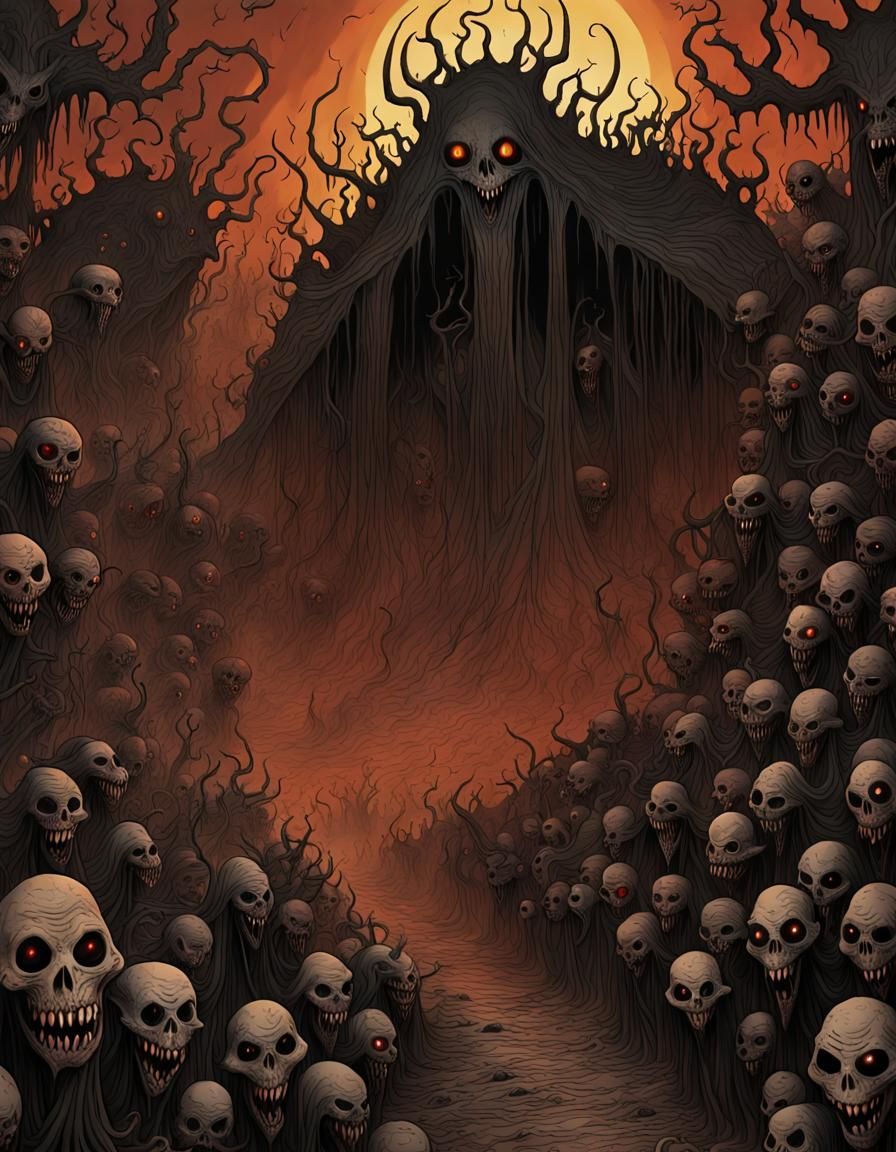 Evil Marching, How vast (grotesque:1.5) twisted, rotting demonic blackened inferno. Make  Hells (perversions:1.2). 
Marv...