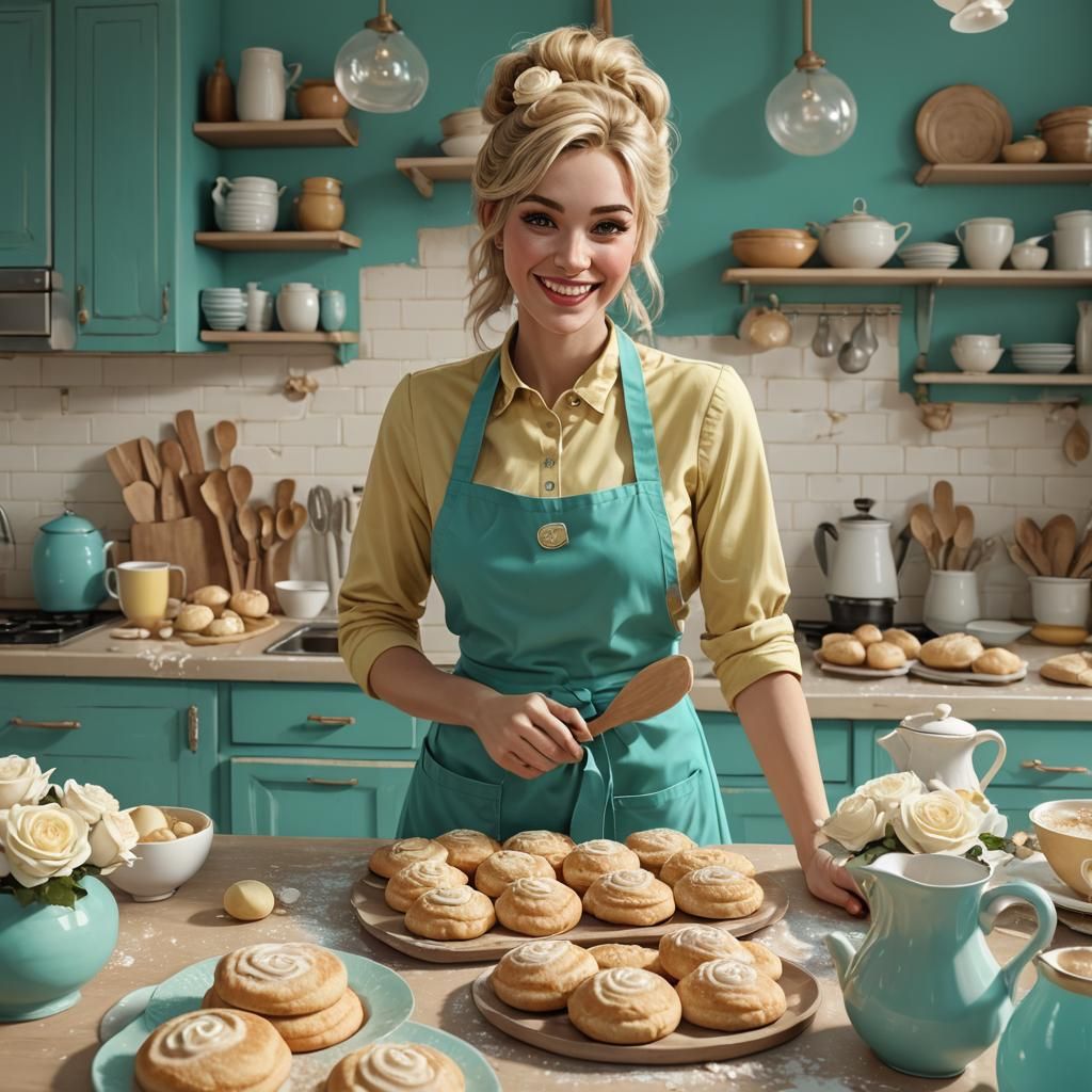 Happy Baker in Retro Kitchen, Digital Art