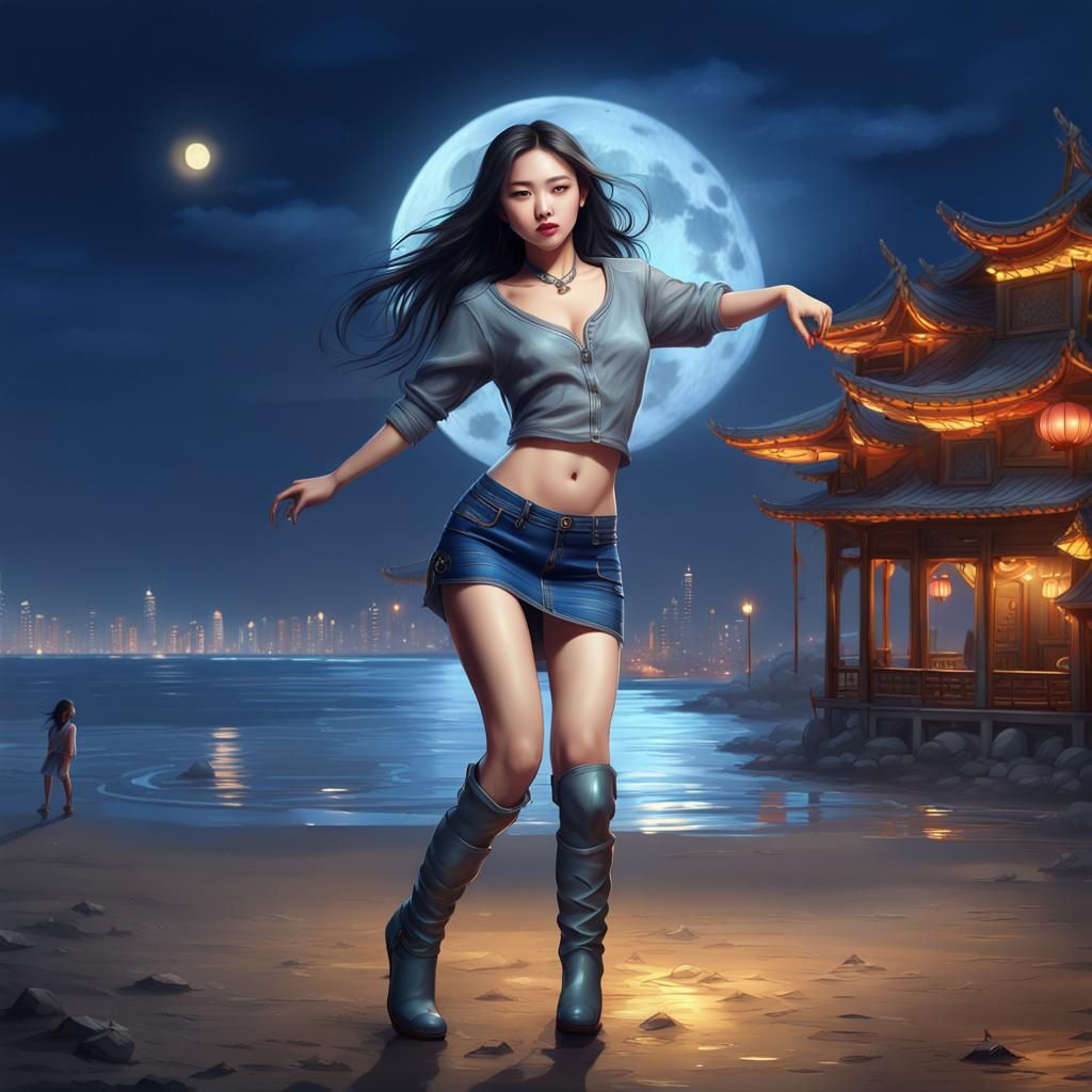 Chinese Girl Dancing on Beach Under Moonlight