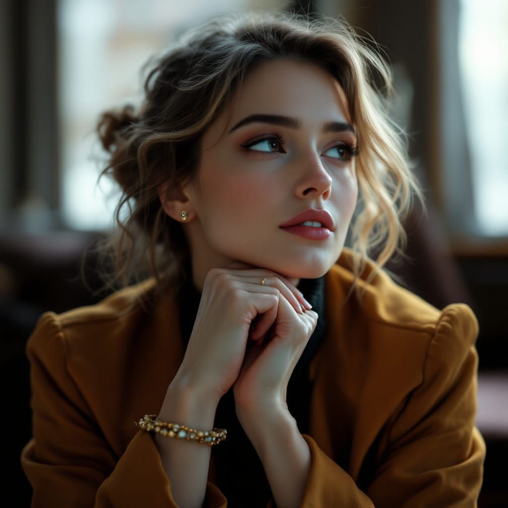 Contemplative Woman Portrait in Dramatic Lighting