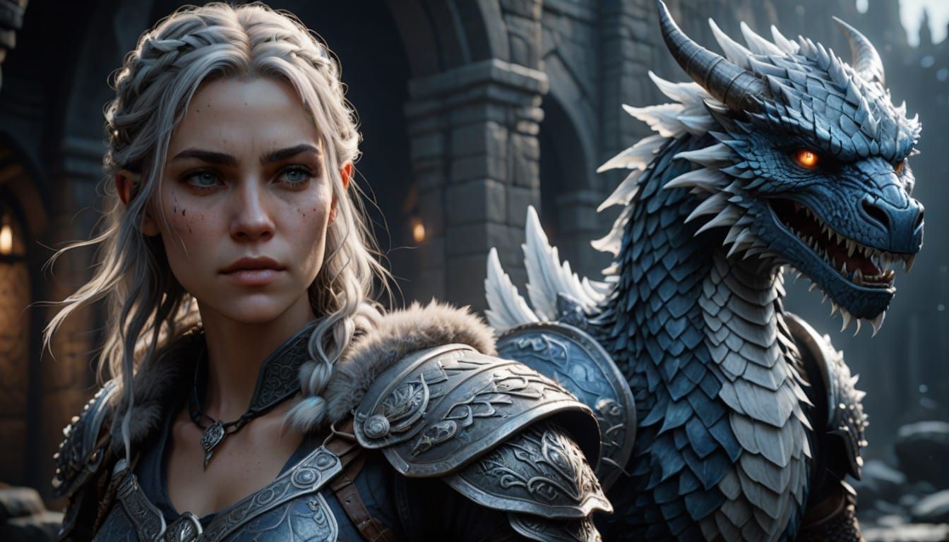 Viking Woman with Tiny Dragon in Fantasy Art Style