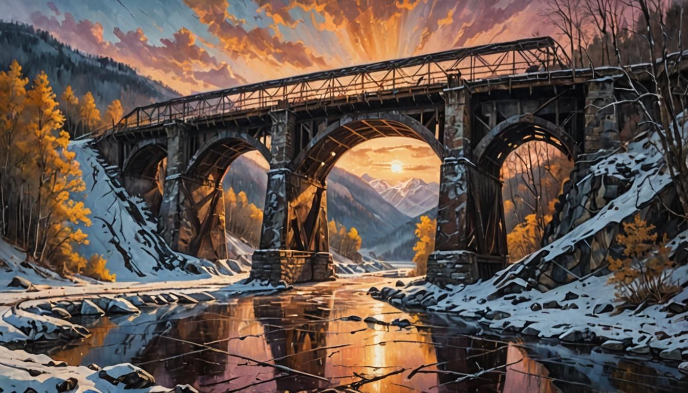 Rustic Railway Bridge in Snowy Valley, Acrylic Painting