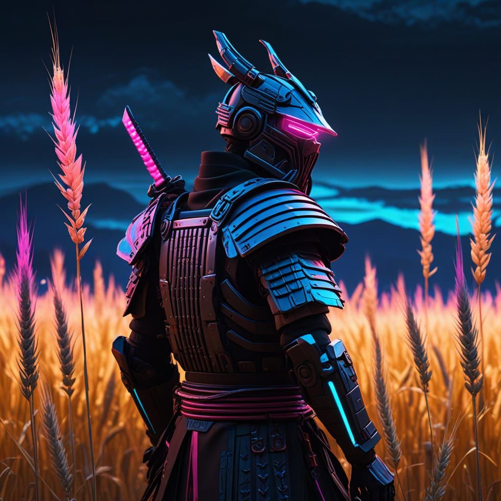 Cyberpunk Samurai in Neon-Lit Wheat Field