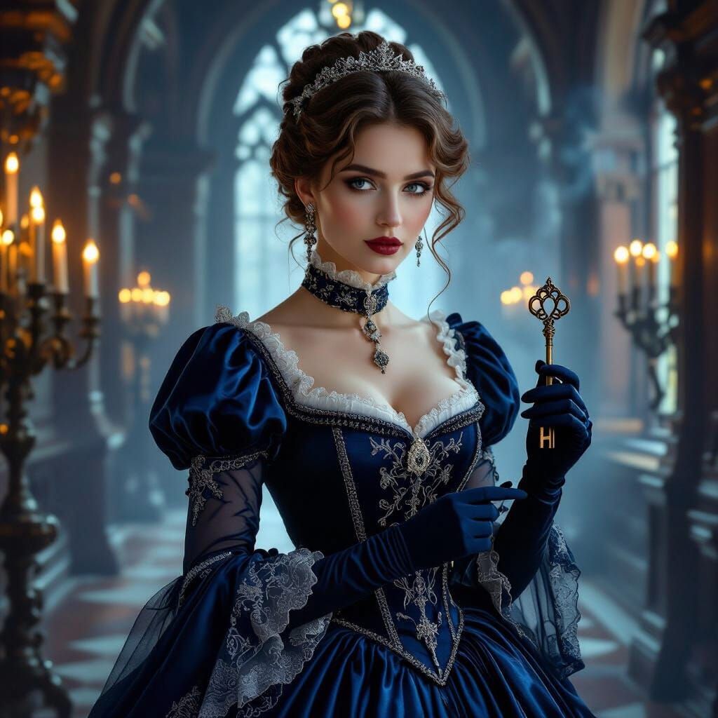 Victorian Noblewoman with Antique Key in Manor Hall
