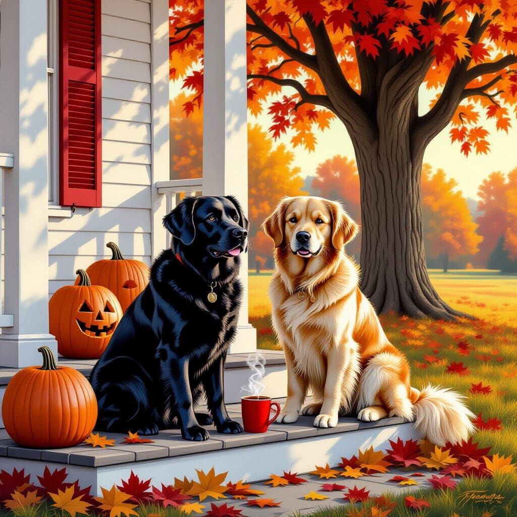 Labrador Retrievers on Farmhouse Porch in Autumn