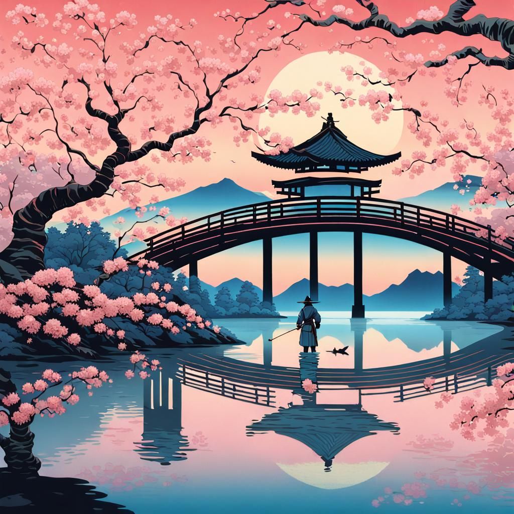 Retro-Futuristic Ukiyo-e Landscape with Samurai