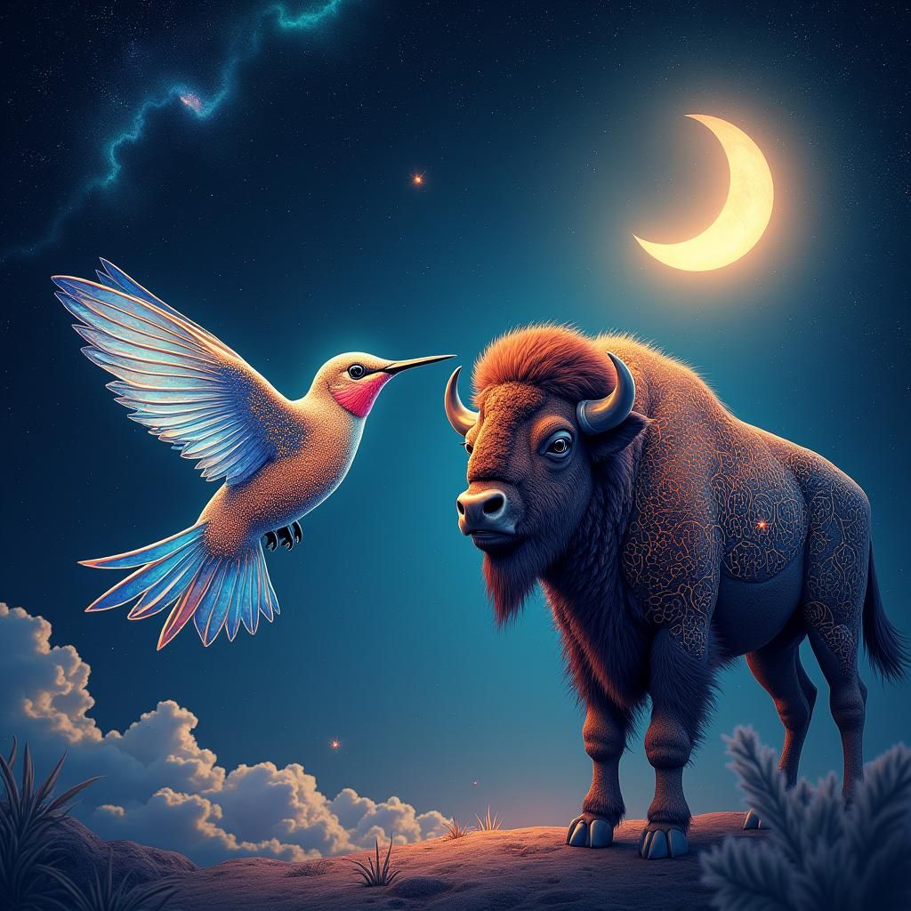 Celestial Hummingbird and Bison in Fantasy Art Style