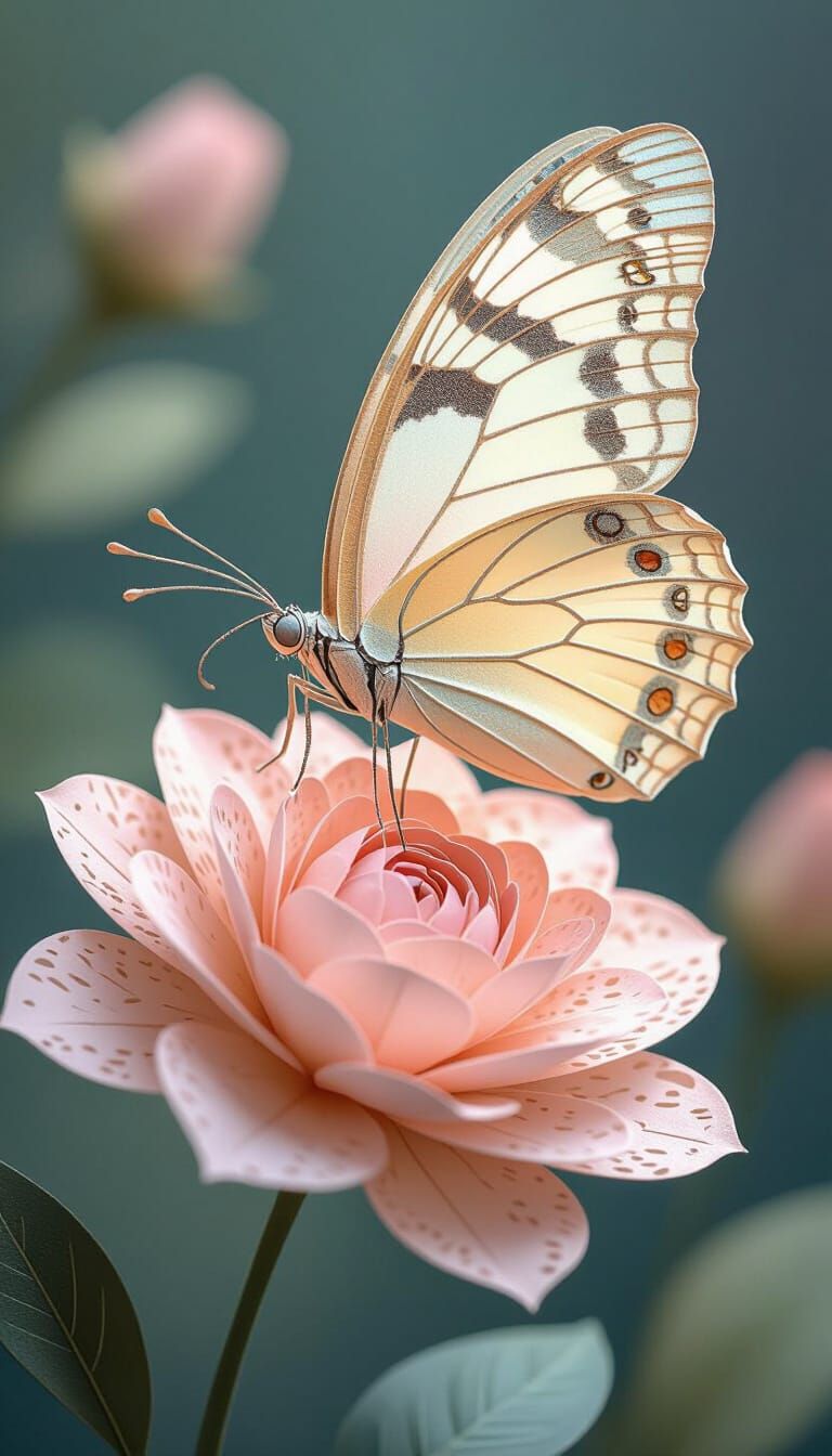 Lace-Cut Paper Butterfly on Flower in Papercraft Style