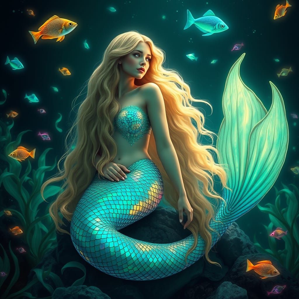 Serenely Majestic Mermaid in a Vibrant Underwater World