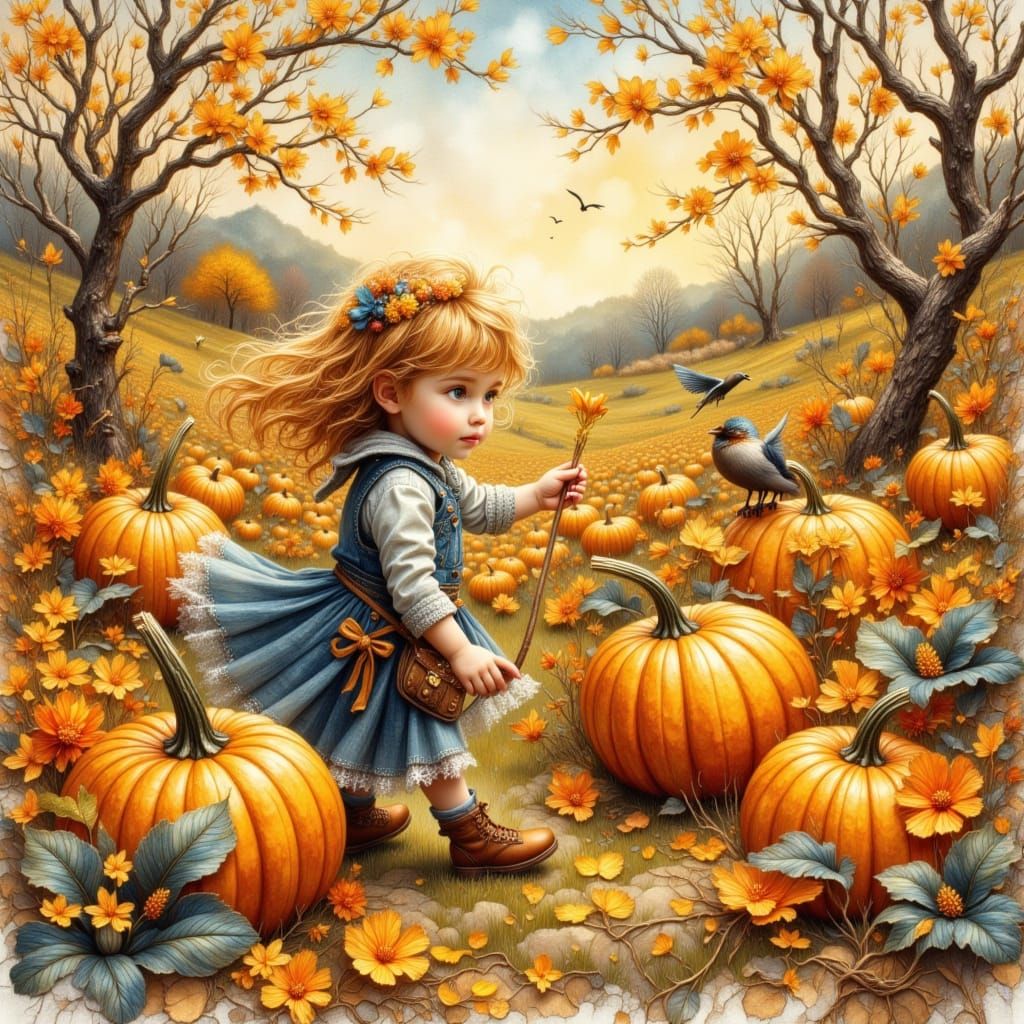 Child's Wonder in a Mystical Pumpkin Patch