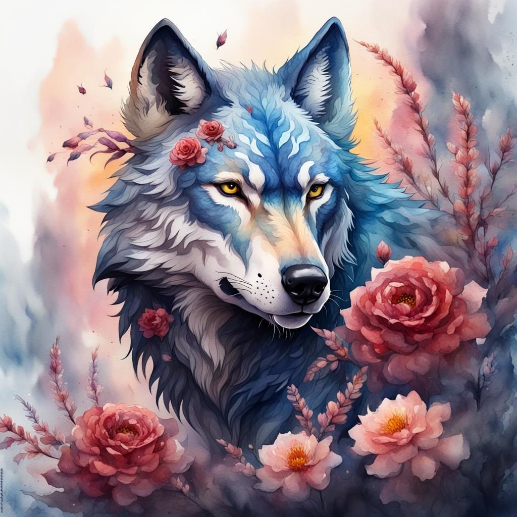 Watercolor Wolf with Flowers: Detailed Fantasy Art