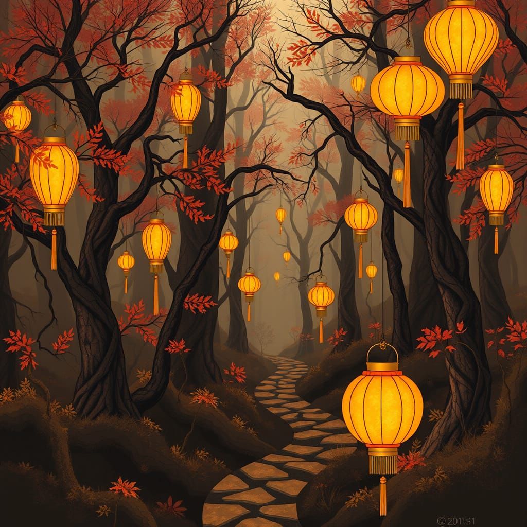 Magical Autumn Forest with Geometric Lanterns