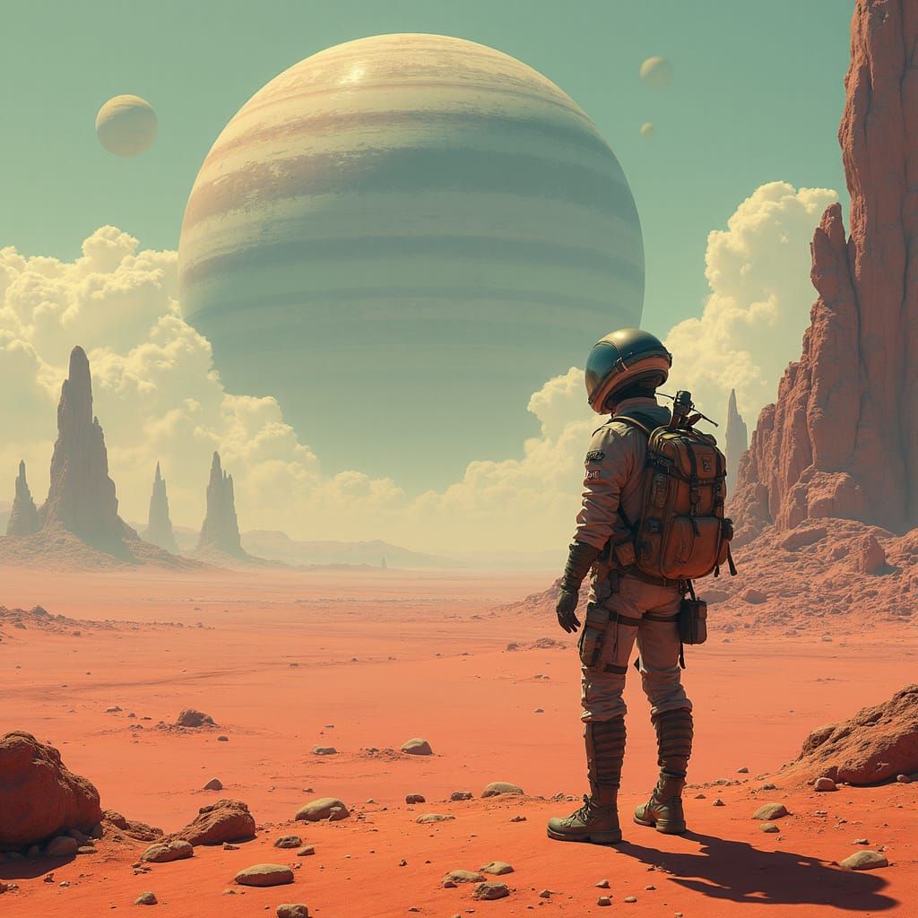 Traveler Gazing at Ringed Planet in Alien Desert