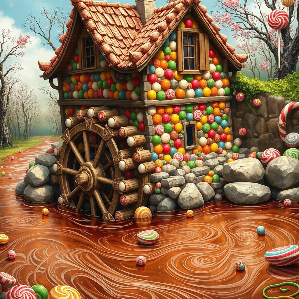 Whimsical Candy Mill by a Chocolate River in Fantastical Sty...