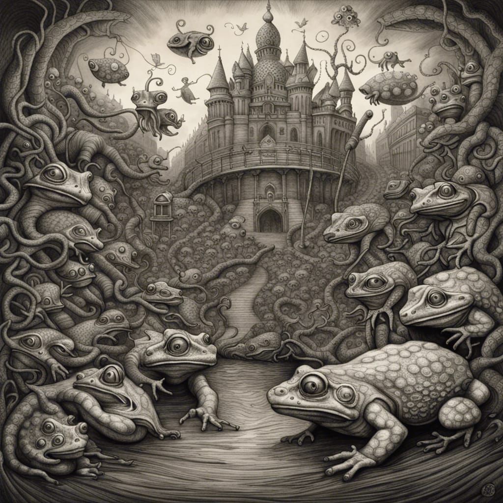 Hypnotoad Army Besieges Fortress: Surreal Charcoal Drawing