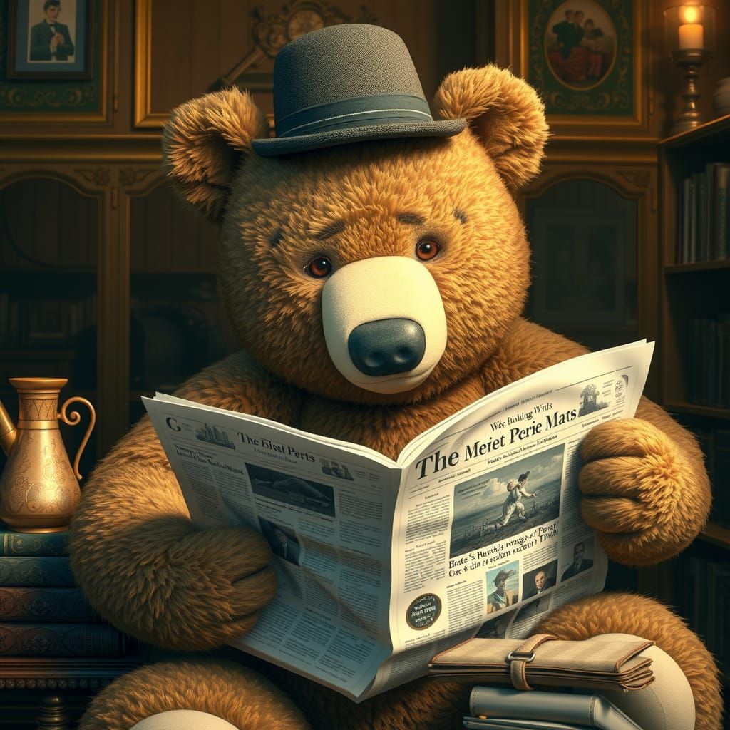 Giant Teddy Bear Reads Newspaper, Whimsical Realism