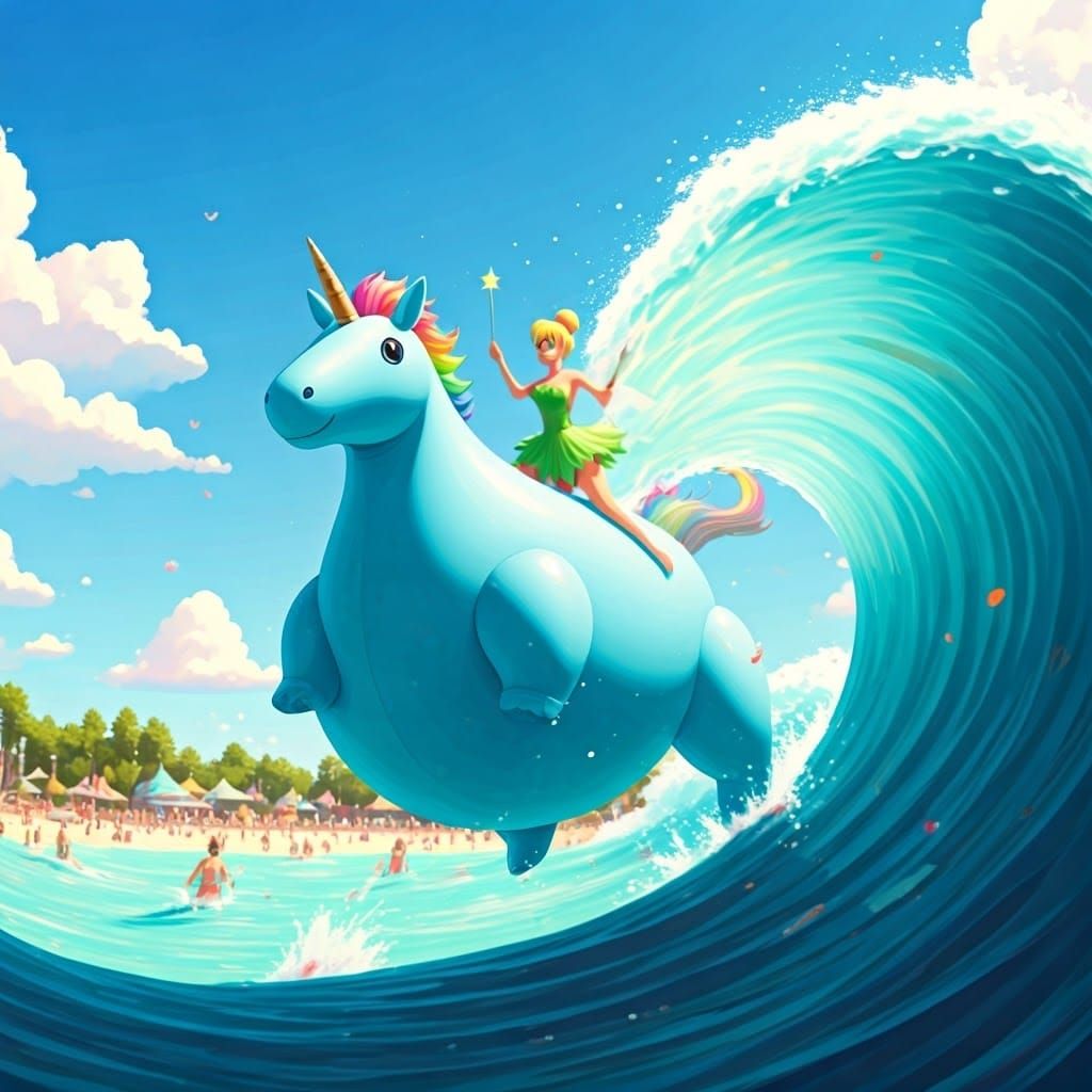 Tinkerbell Rides Unicorn in Wave Pool, Miyazaki Style