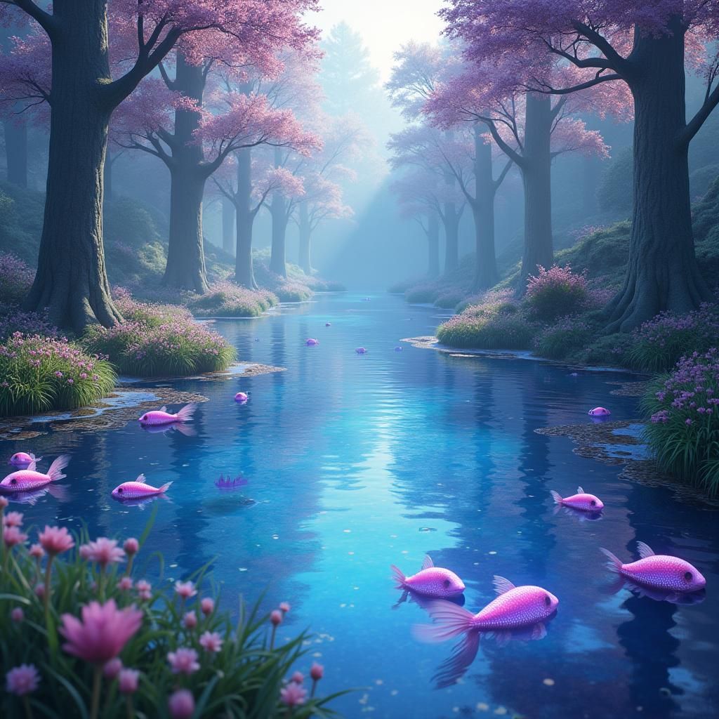 Iridescent Lake with Lavender Fish: Fantasy Art