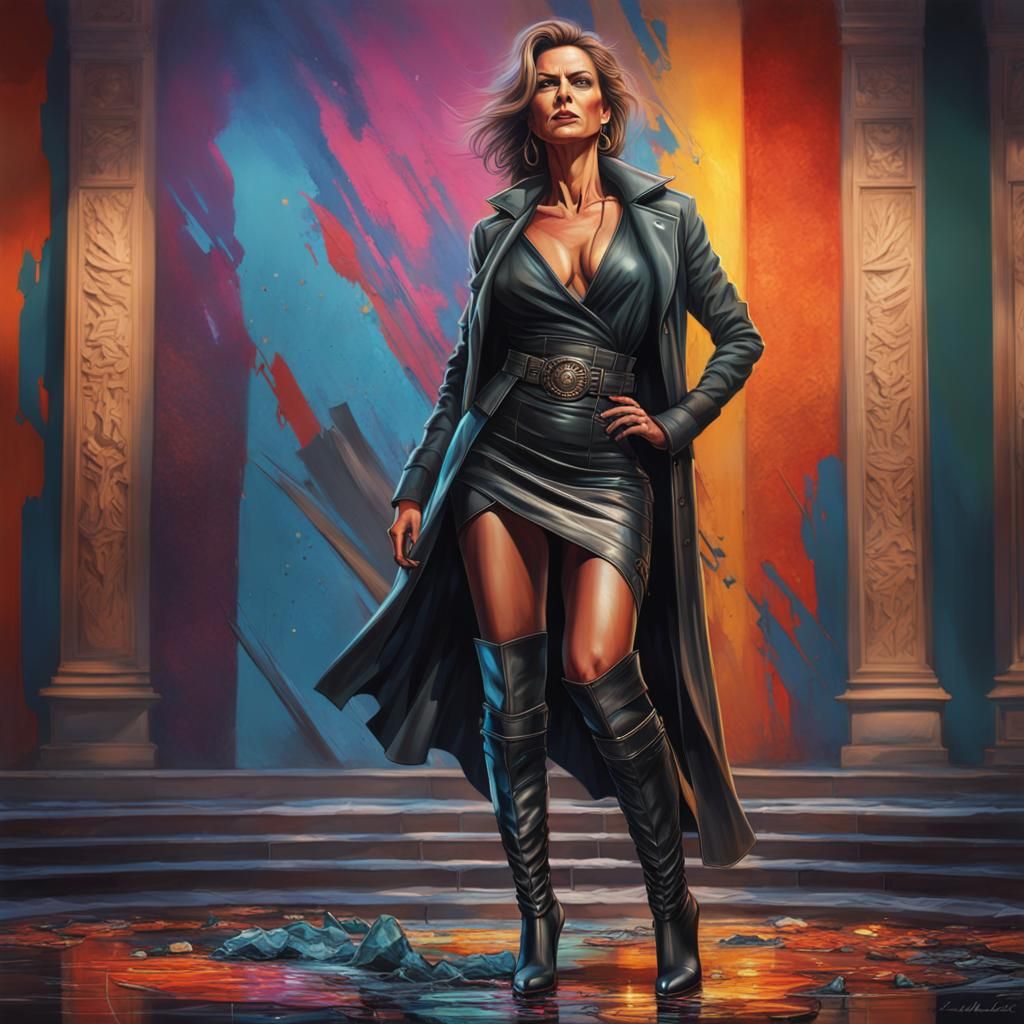 Brunerr Woman Middle age, good body with a some belly, sensual outfit skirt and deep V-neck in stiletto thigh-high boots...