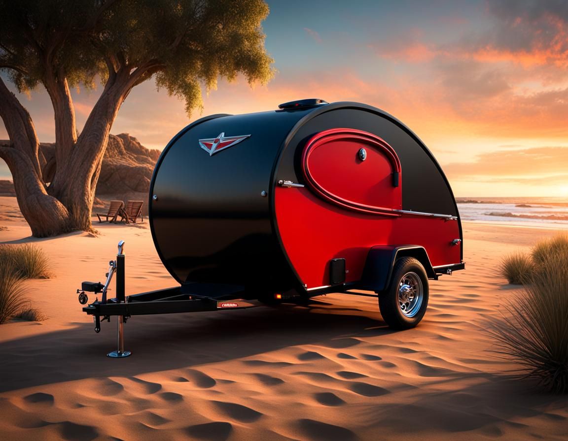 Teardrop Trailer on Beach in 3D Game Style