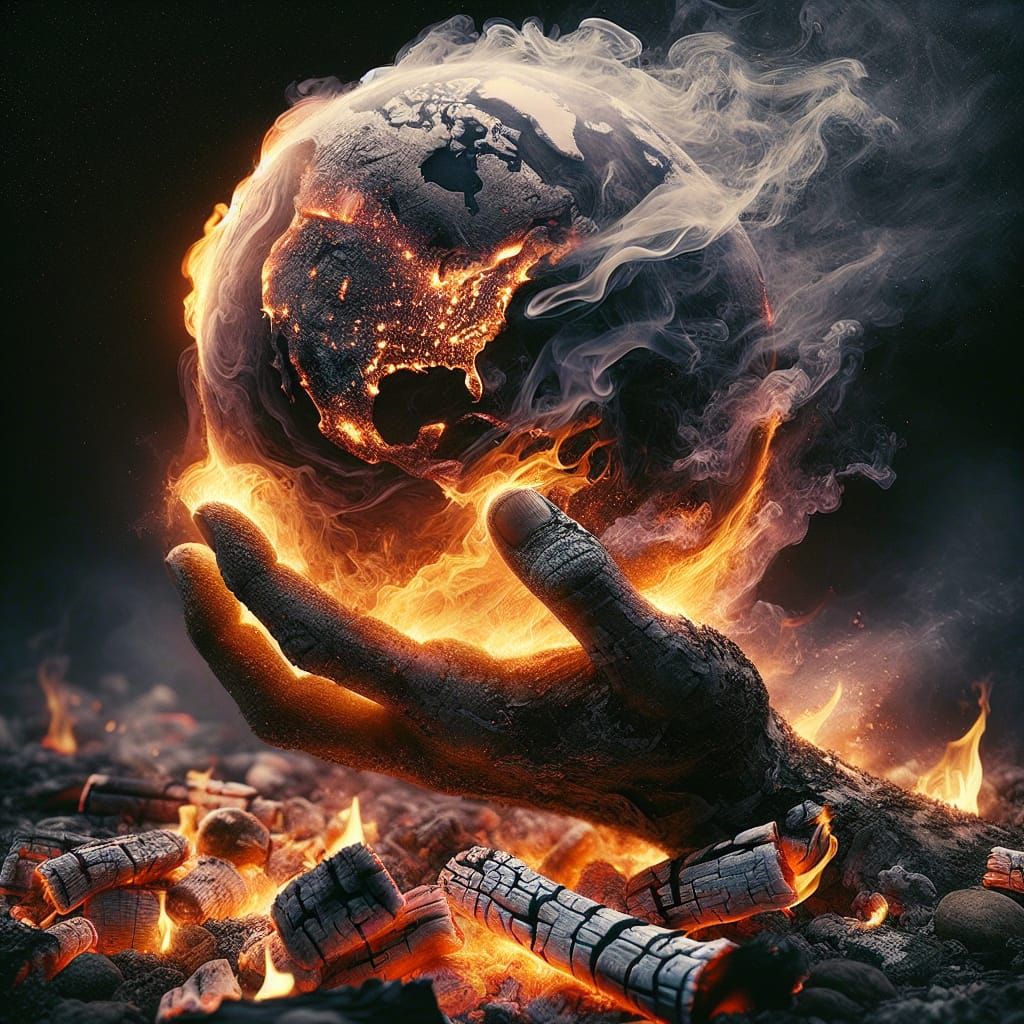 Fiery Hand Emerges Holding Earth Globe