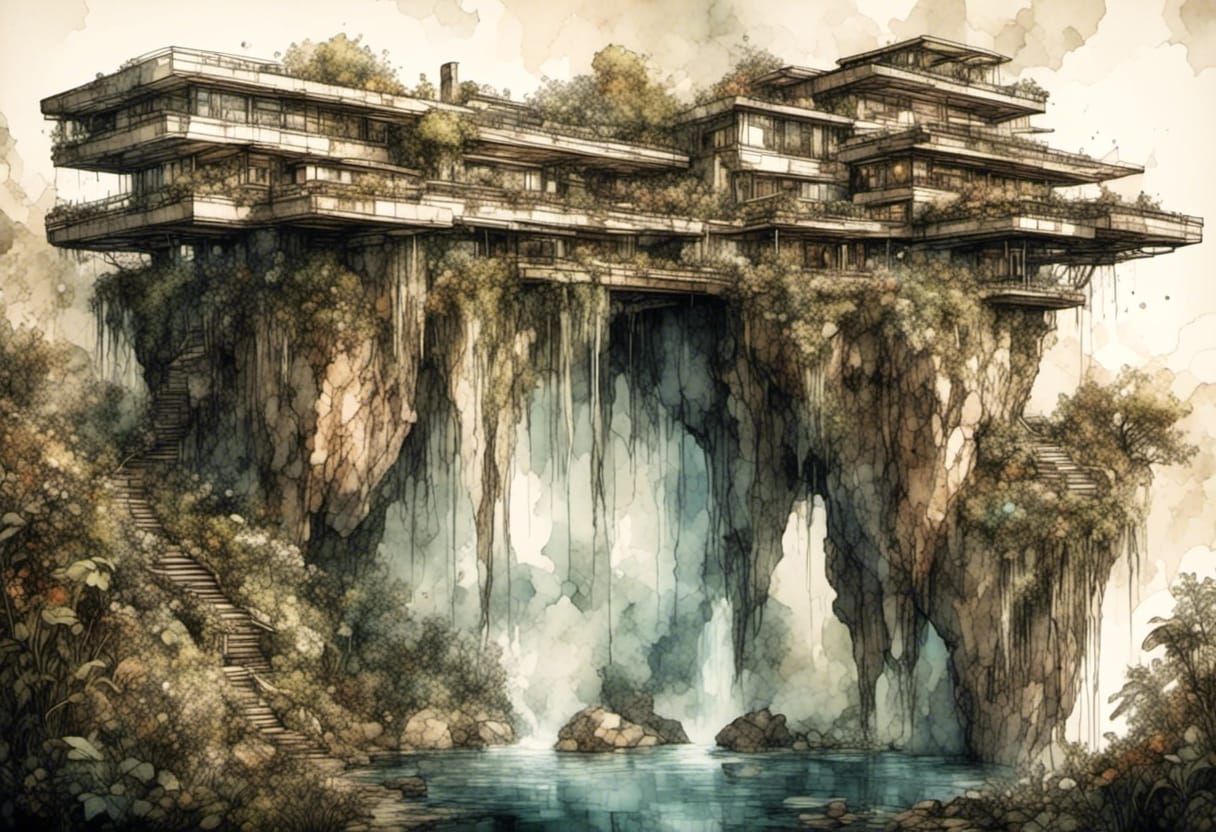 Cliffside House with Waterfall in Sin City Style