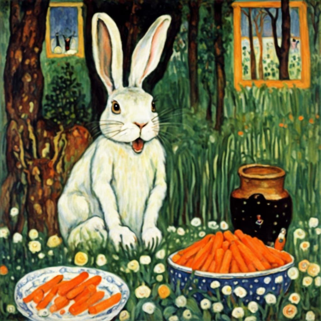 Brave Old Rabbit Eating Carrots, in Expressionist Style