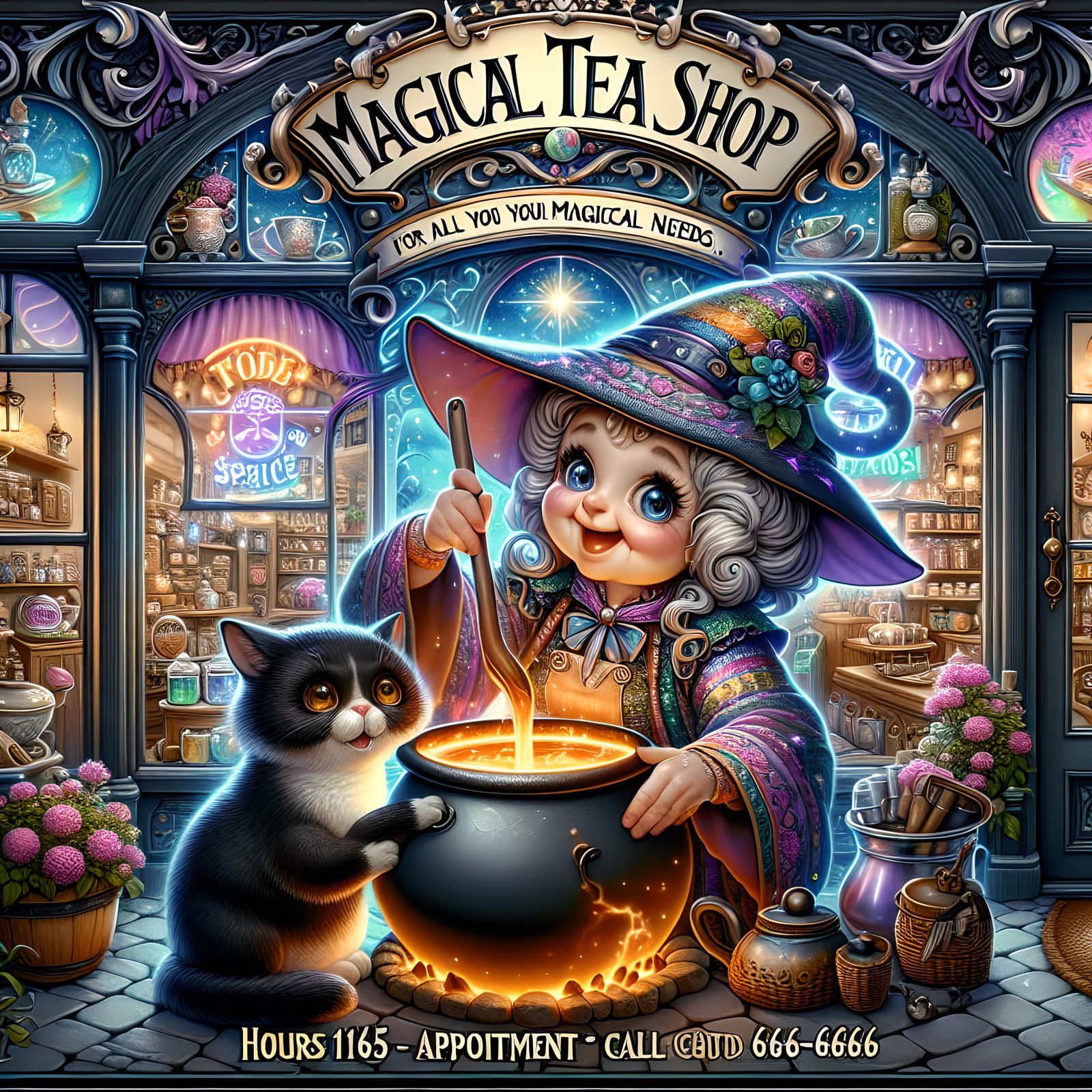 Charming Witch Stirring Cauldron in Magical Tea Shop