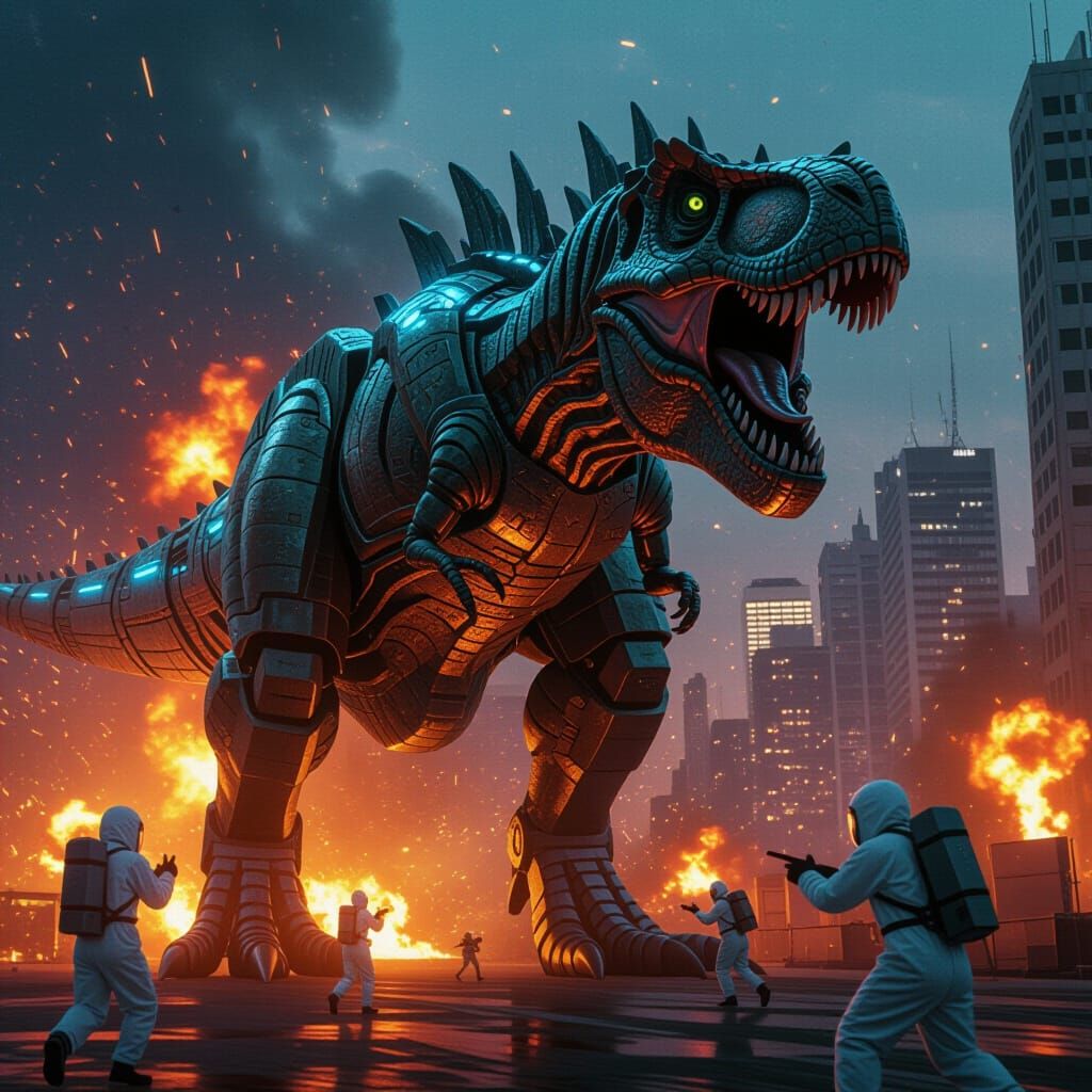 Cybernetic T-Rex Roars in Burning Metropolis